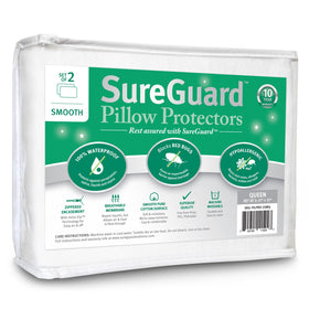 SureGuard waterproof pillow protector in queen size, 2-pack, keeps pillows dry.