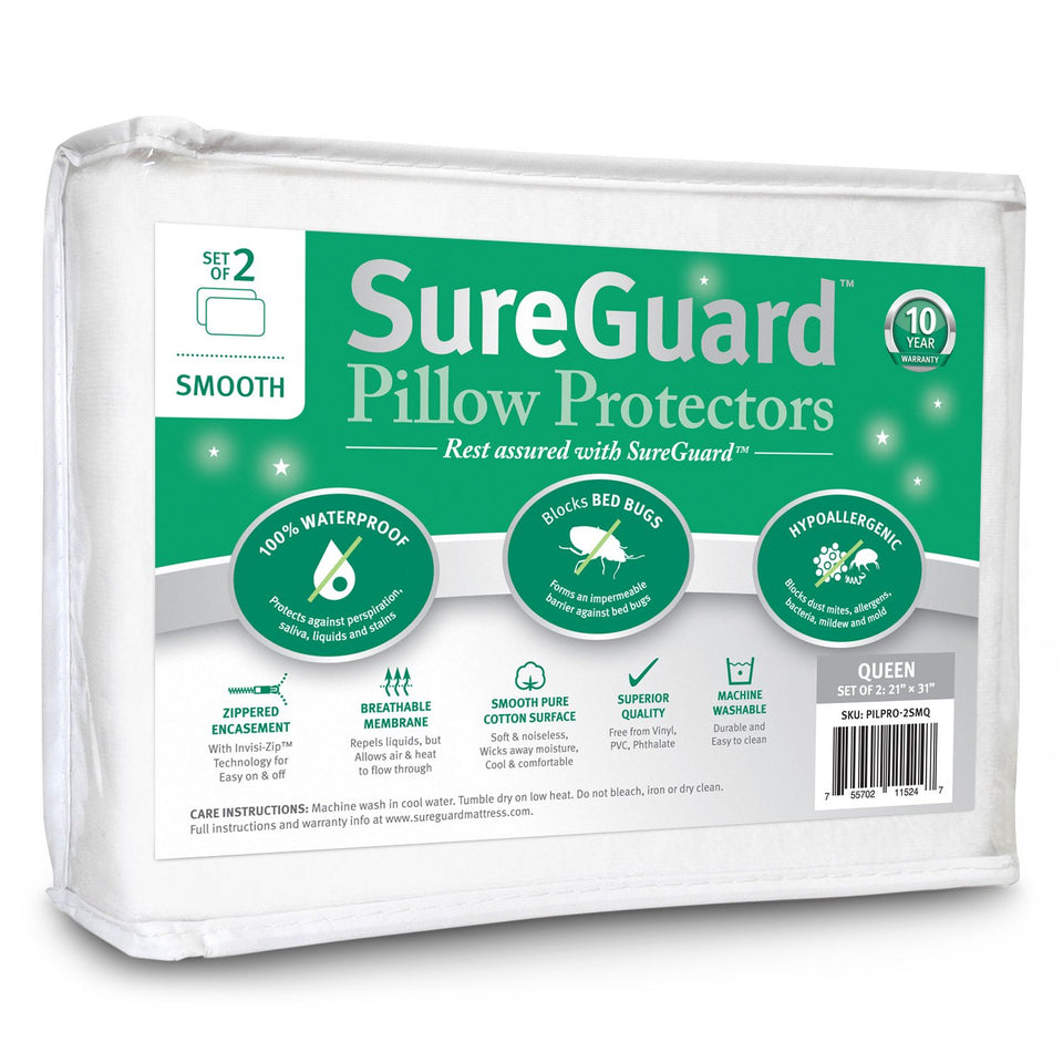 SureGuard waterproof pillow protector in queen size, 2-pack, keeps pillows dry.