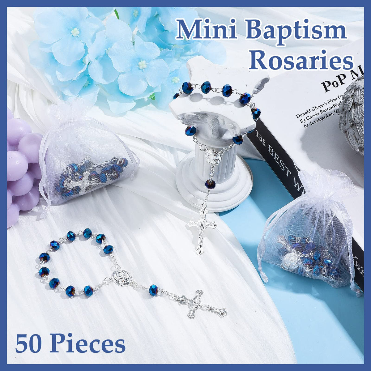 Sureio white organza bag with rosaries, ideal wedding favors presentation.