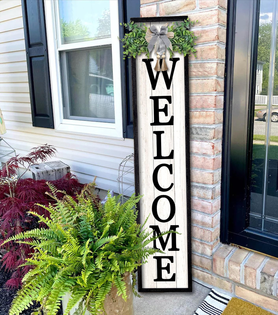 Surfapans Welcome Sign 45x9 wood frame enhances front porch curb appeal.