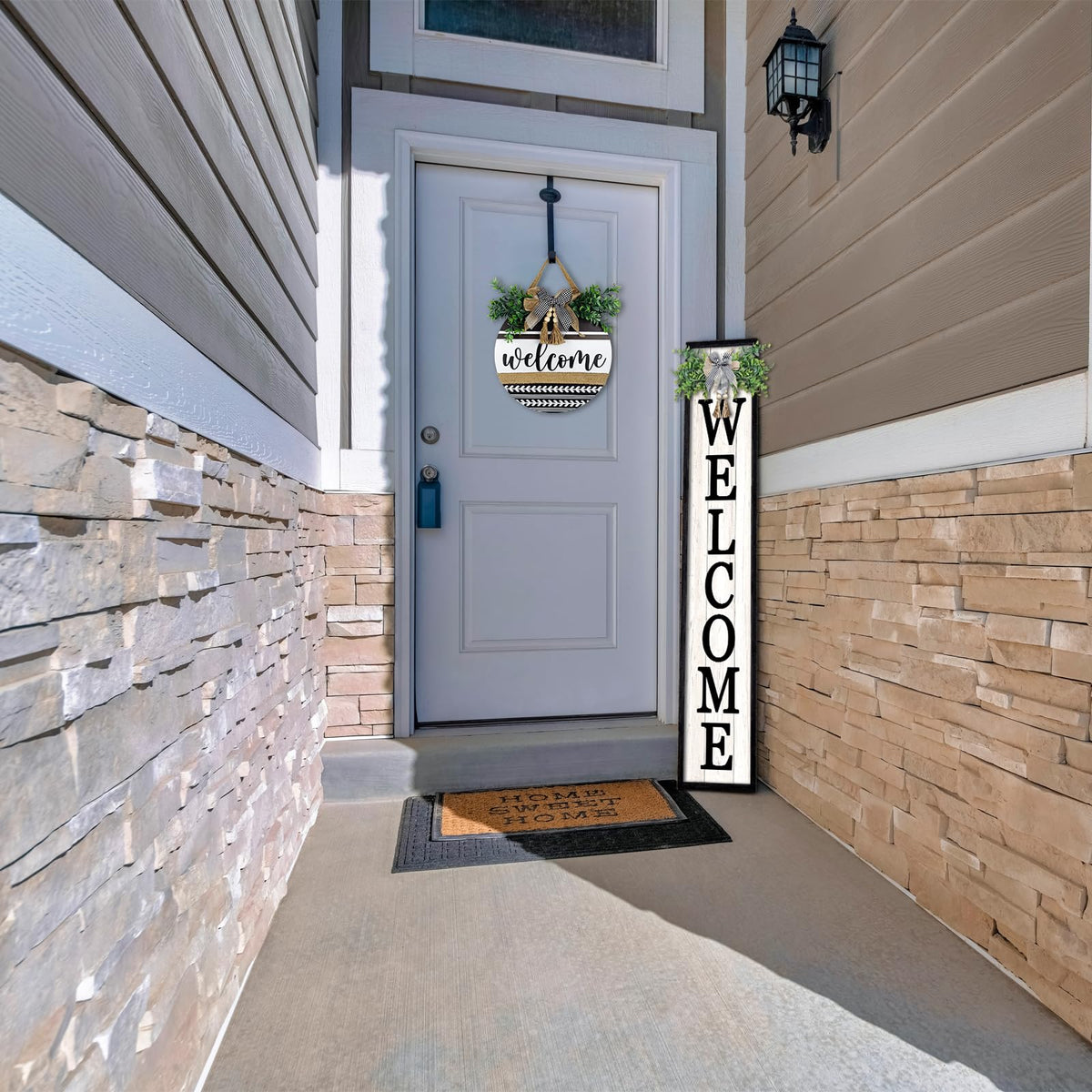 Surfapans welcome sign features plaid bow and bead detail for elegant entry charm.