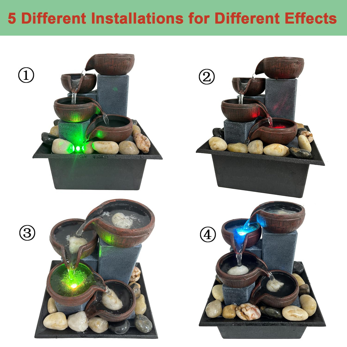 SURPRIZON waterfall pump with LED light keeps water circulating for a clean, soothing display.
