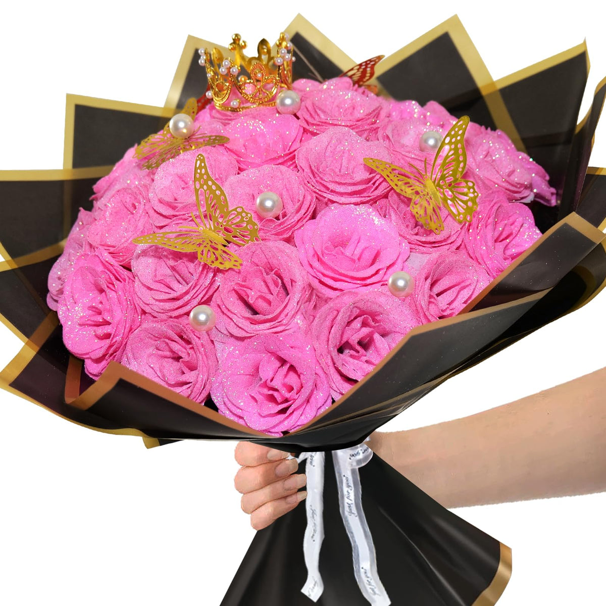 Suryushi DIY glitter rose bouquet kit includes 24 roses and ribbons for craft magic.