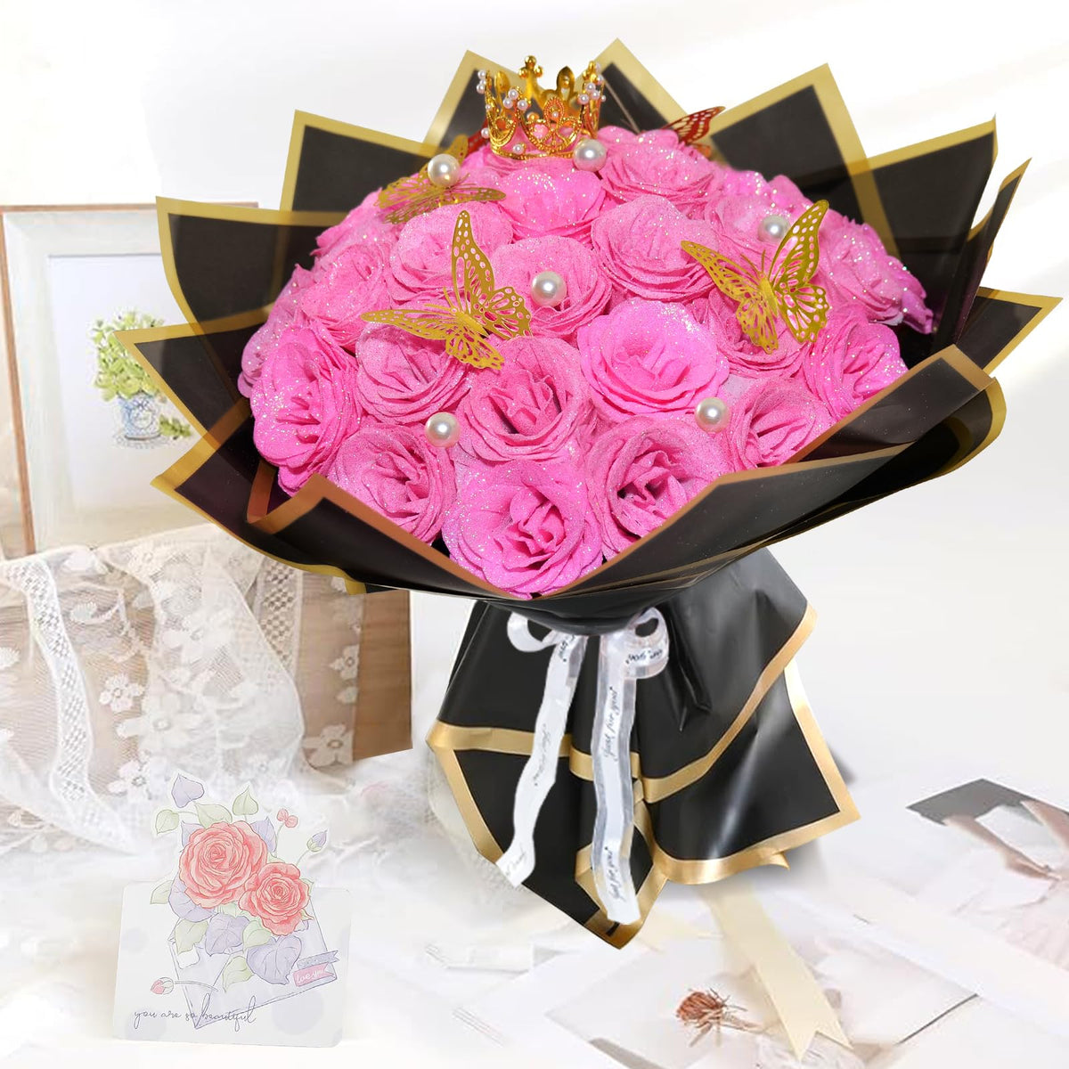 Suryushi glitter rose close-up highlights shimmering finish that catches light beautifully.
