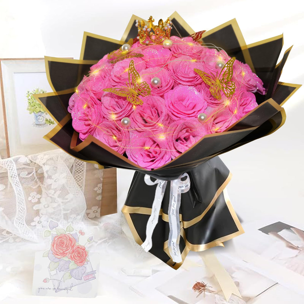 Suryushi glitter roses bouquet adds festive sparkle for weddings and celebrations.
