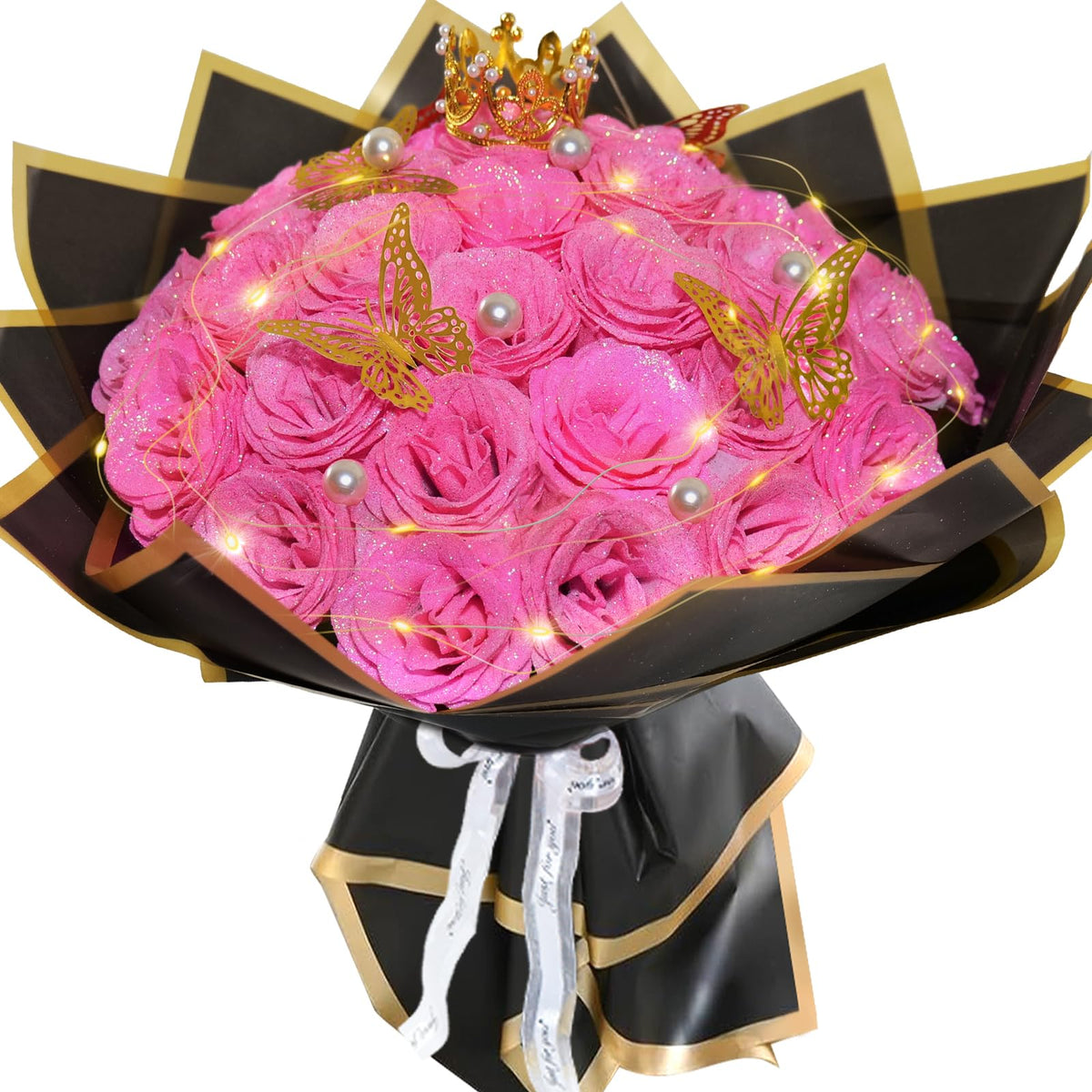 Suryushi pink glitter roses bouquet shines as a bright centerpiece for any room.