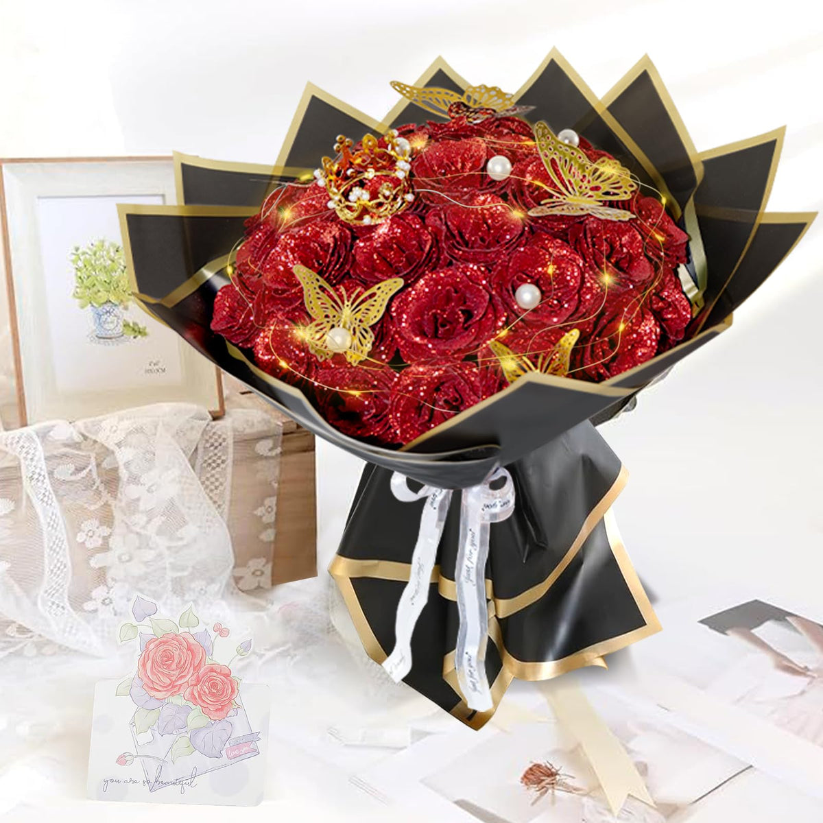 Suryushi pink glitter roses bouquet brings elegant romance to decor