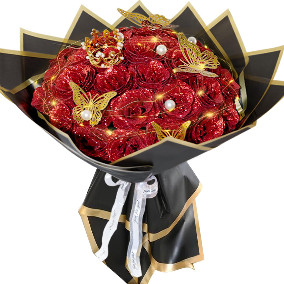 Suryushi red glitter roses bouquet adds festive sparkle to any celebration