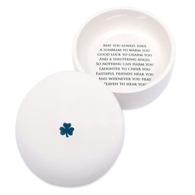 Susabella baptism keepsake box with shamrock lid for lasting memories.