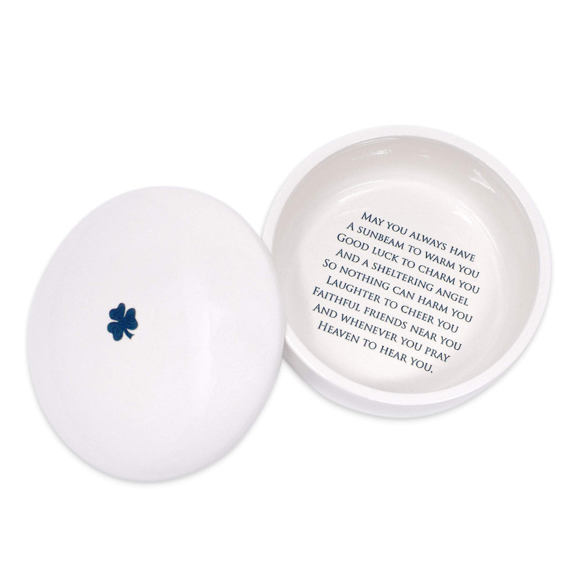 Susabella round box features Irish blessing inside for meaningful keepsakes.