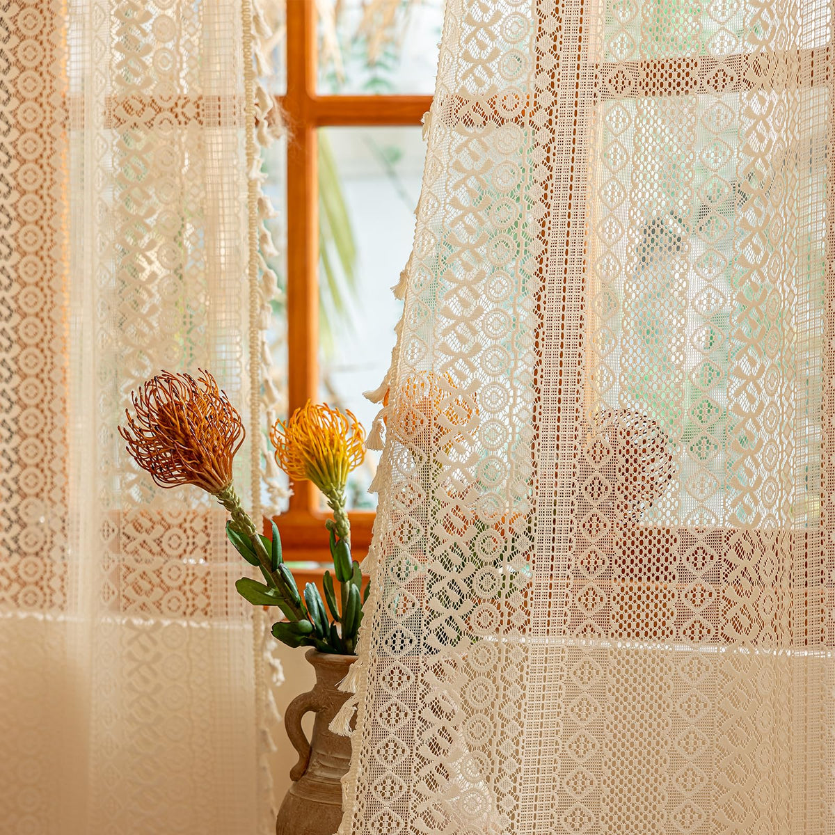 Sutuo Home beige boho lace curtains, 84in long, offer graceful coverage and light diffusion.