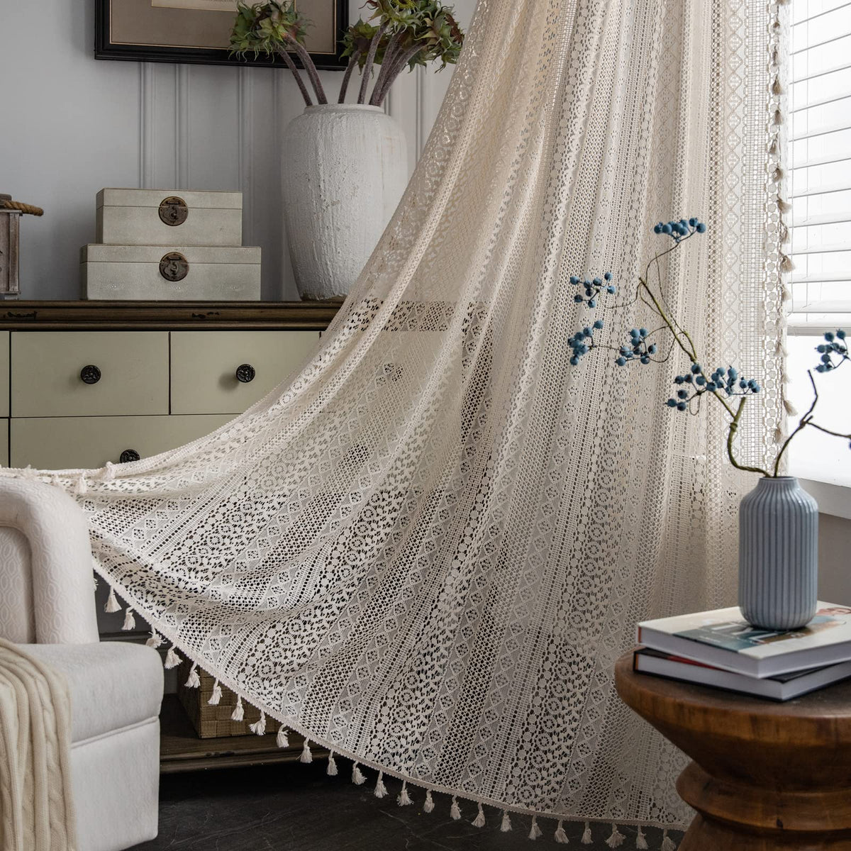 Sutuo Home crochet panel curtain adds texture and privacy with soft light filtration.