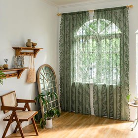 Sutuo Home leaf-embroidery lace closeup shows delicate vintage pattern.