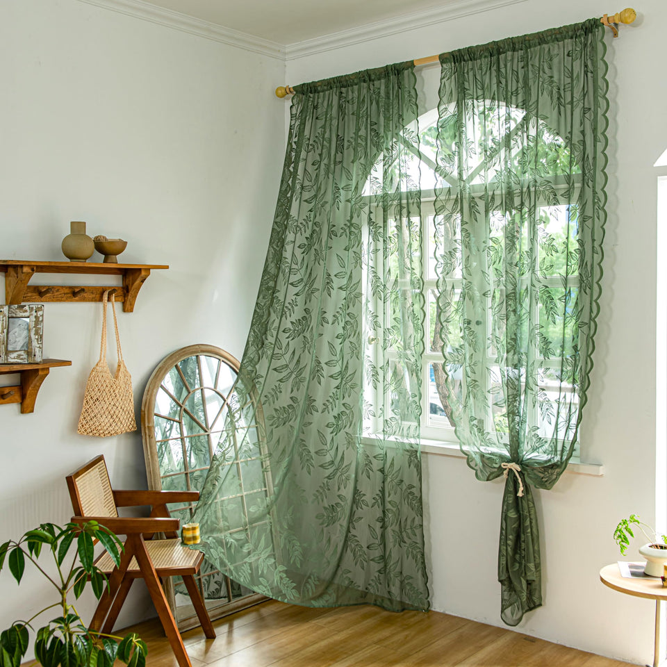 Sutuo Home olive green lace curtains 84in pair provide soft light and privacy.