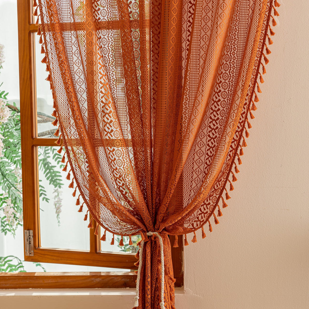 Sutuo Home bedroom setup featuring terracotta veil curtains for calm feel