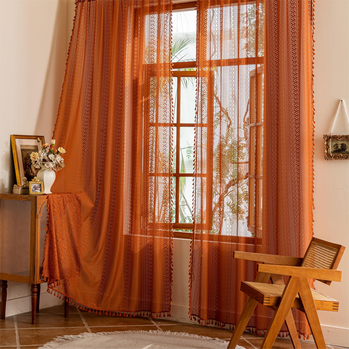 Sutuo Home terracotta boho lace curtains panel 02 draped elegantly for living room ambiance with privacy