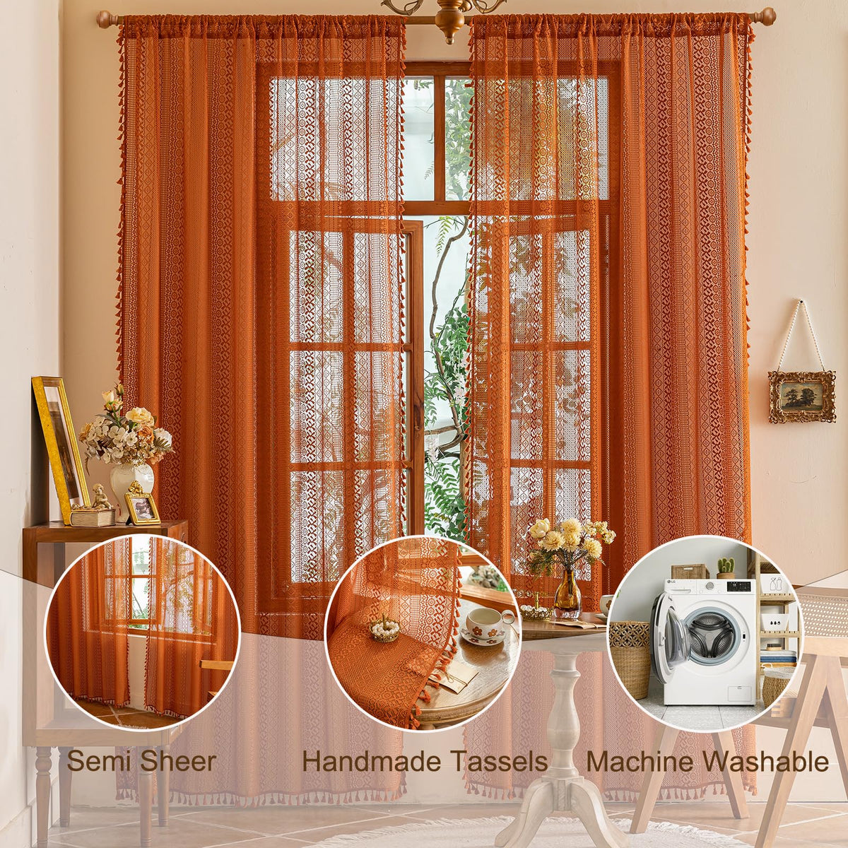 Sutuo Home boho lace curtains tassels highlight vintage charm while softening daylight