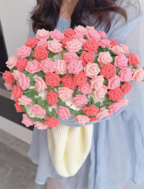 SUVEUS crochet flower bouquet blanket shows hand-crafted pink roses for home decor