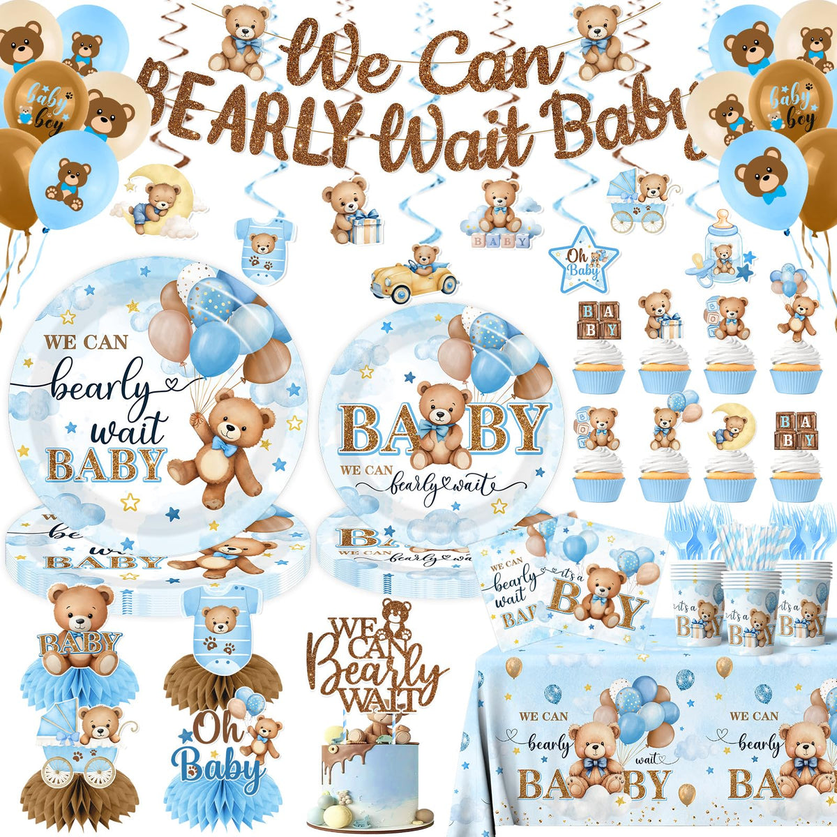 Suzkoqo blue bear banner to brighten baby shower decor and photos.