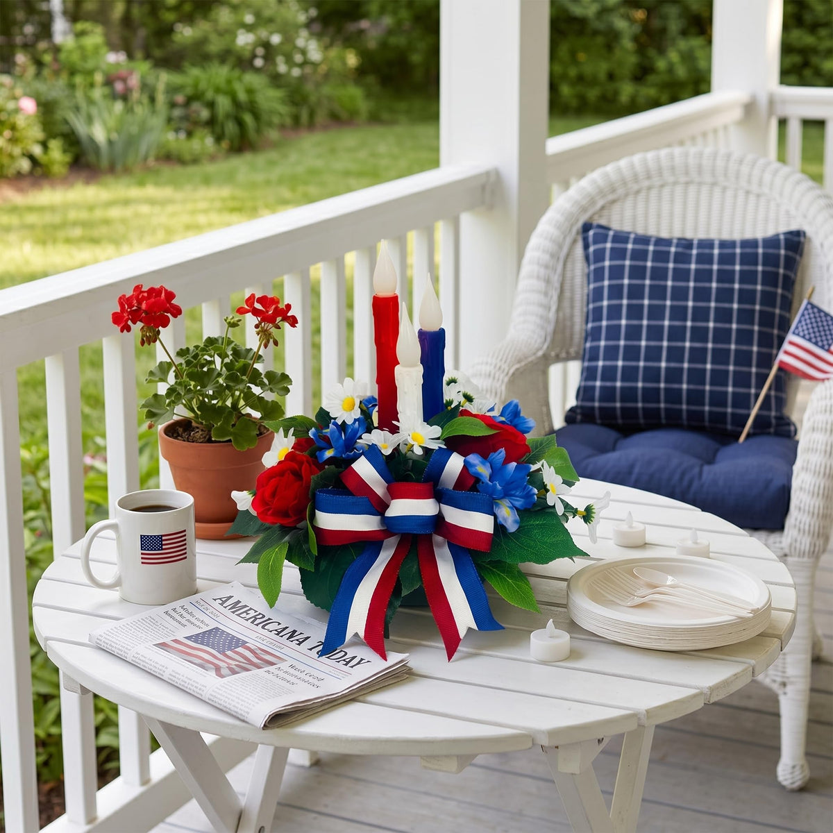 Svndlyn red-white-blue floral centerpiece with candles adds elegant patriotic ambiance.
