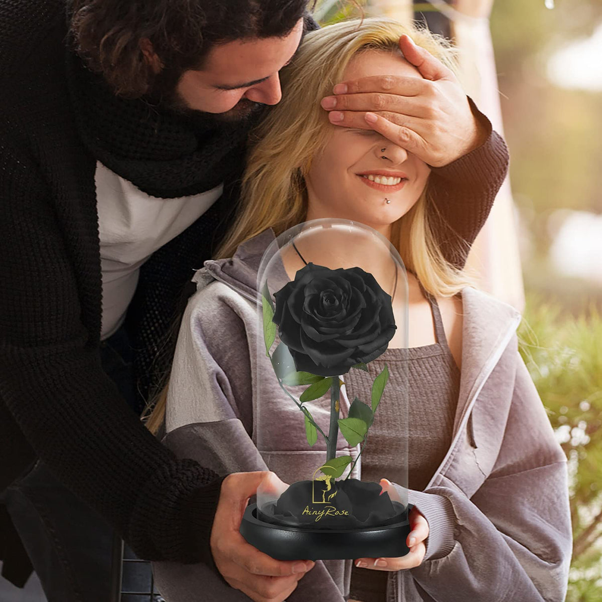 SW Forever Preserved Rose in black hue inside a glass dome for display
