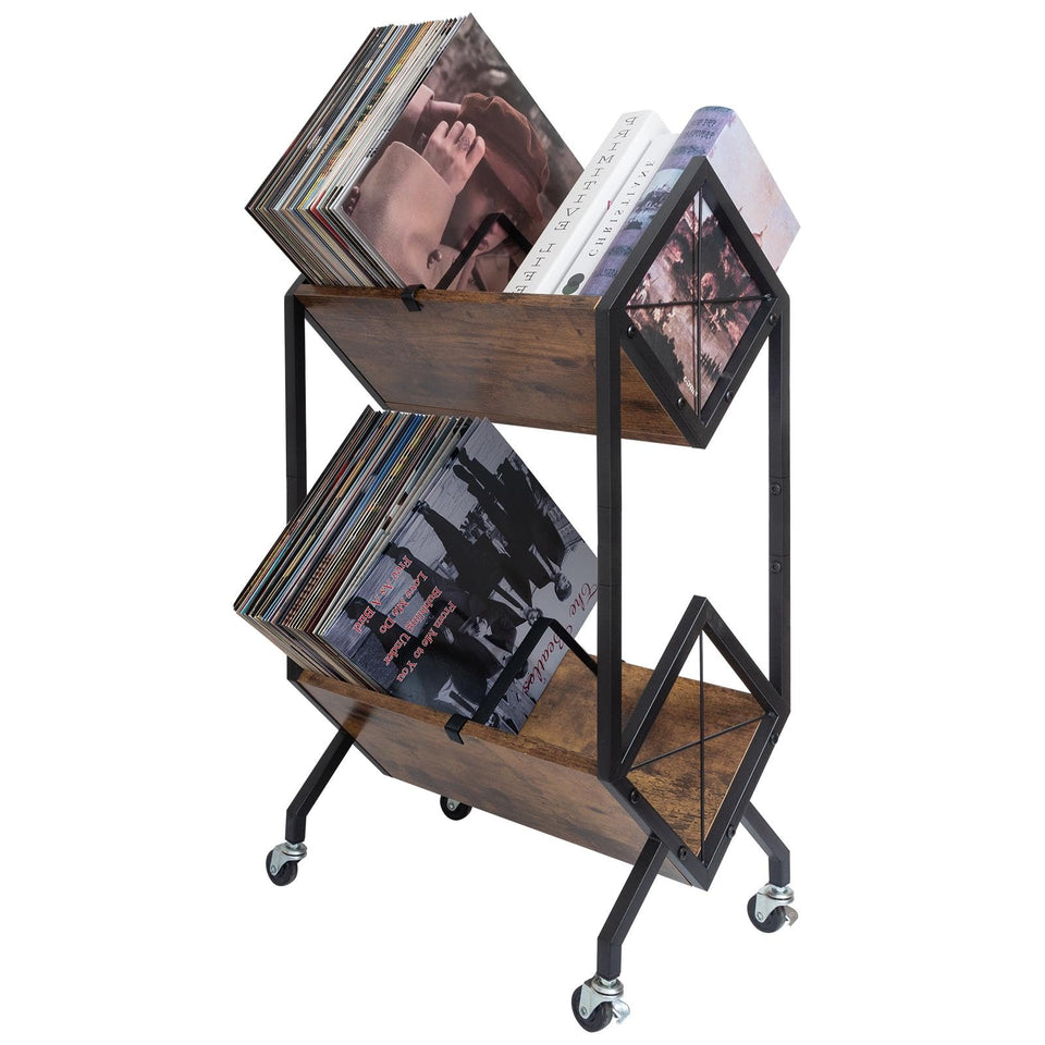 SwaaVee rolling vinyl record storage 2-tier rustic brown for easy access