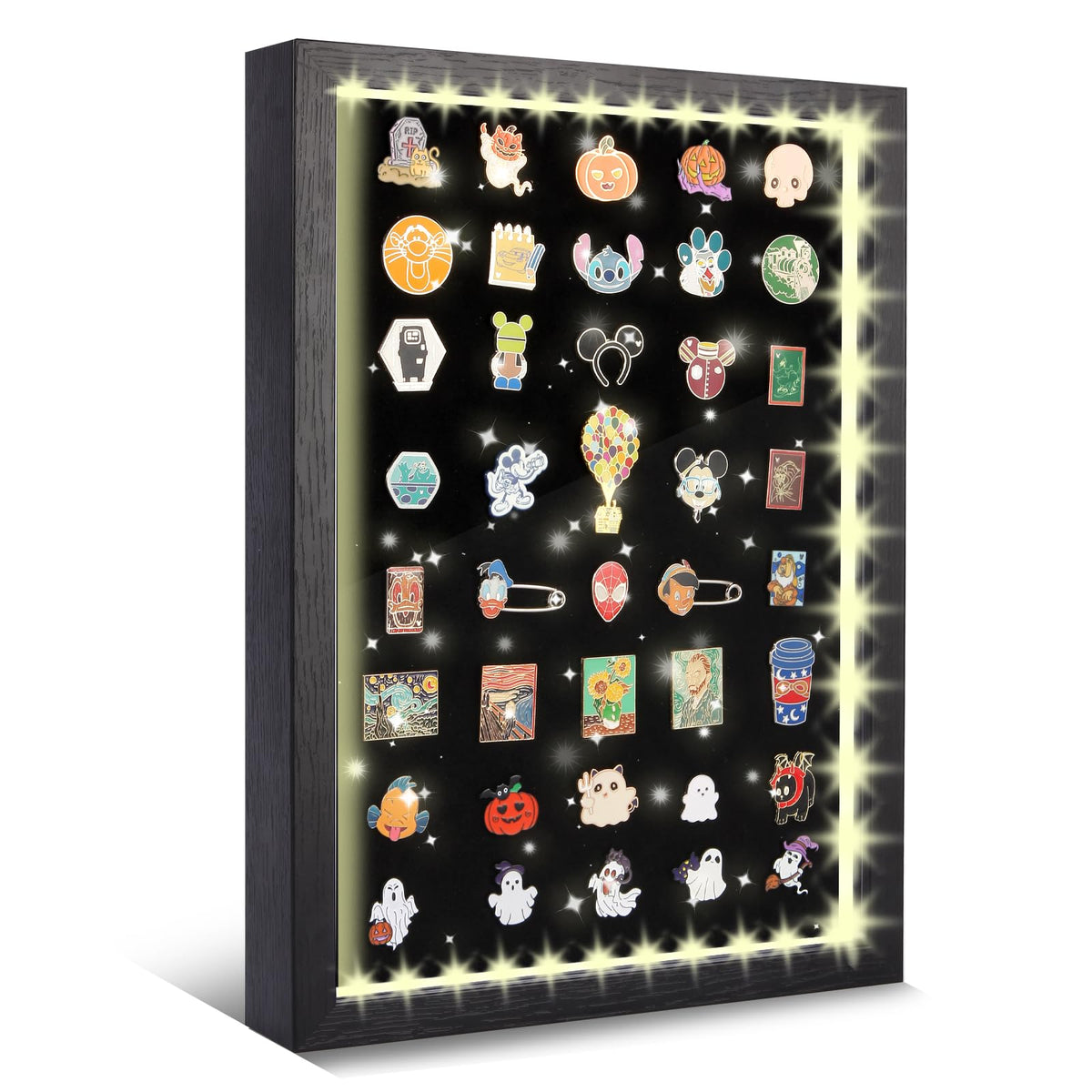 Swakuszy Light Up Pin Display Case front view highlights enamel pins with subtle glow