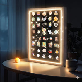 Swakuszy pin display board lit closeup emphasizes detailed pin artwork and shine