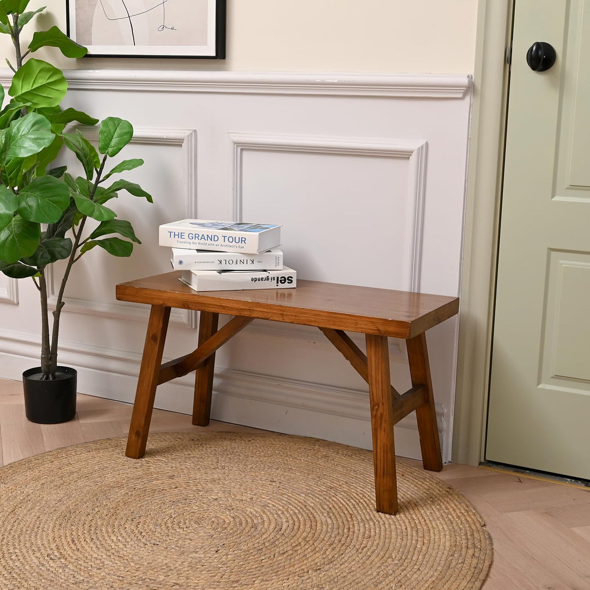 SwallowLiving handcrafted solid wood bench front view for cozy entryway seating
