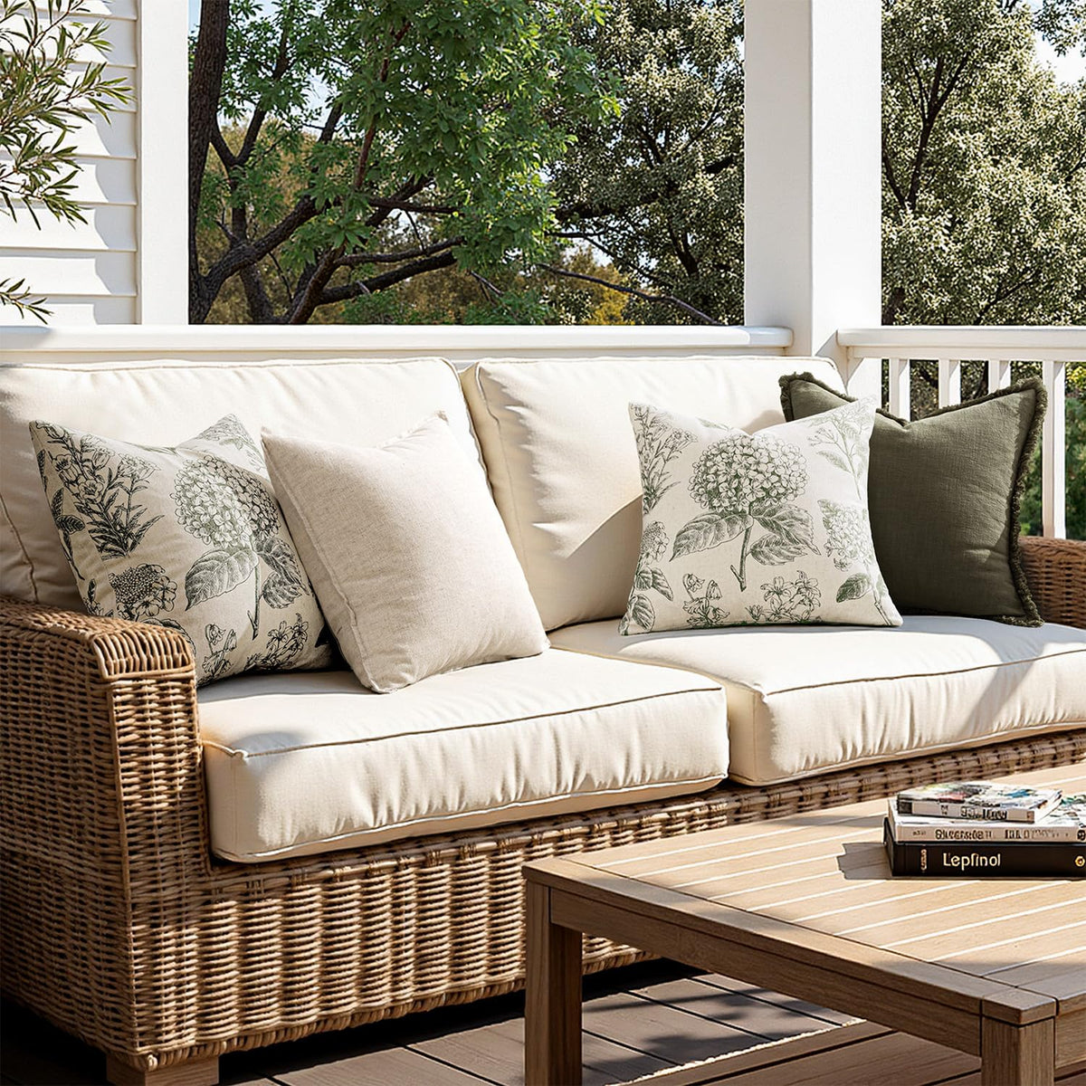 SWANCOCO hydrangea pillow cover enhances reading chair styling with farmhouse warmth.
