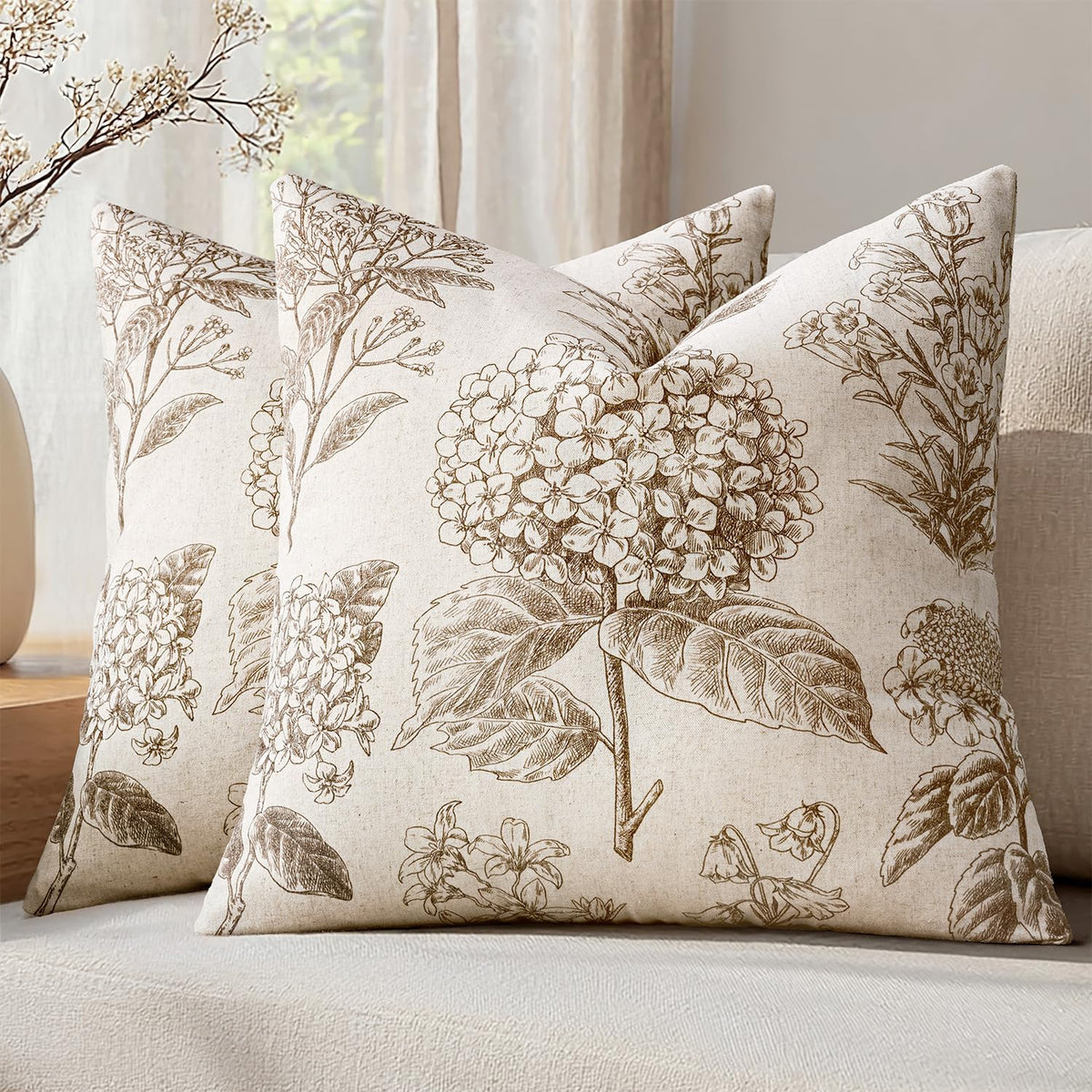 SWANCOCO hydrangea neutral pillow cover on sofa adds boho elegance.
