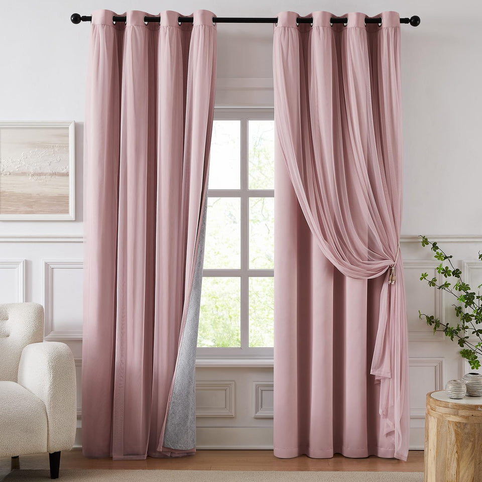 Swandream pink double-layer curtains draped for a layered look with light control