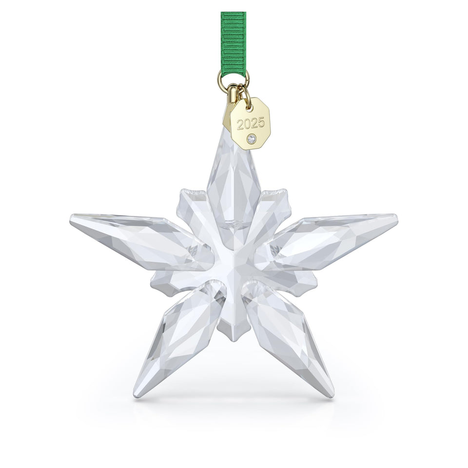 Swarovski 2025 Annual Edition Ornament star on green ribbon for festive sparkle.