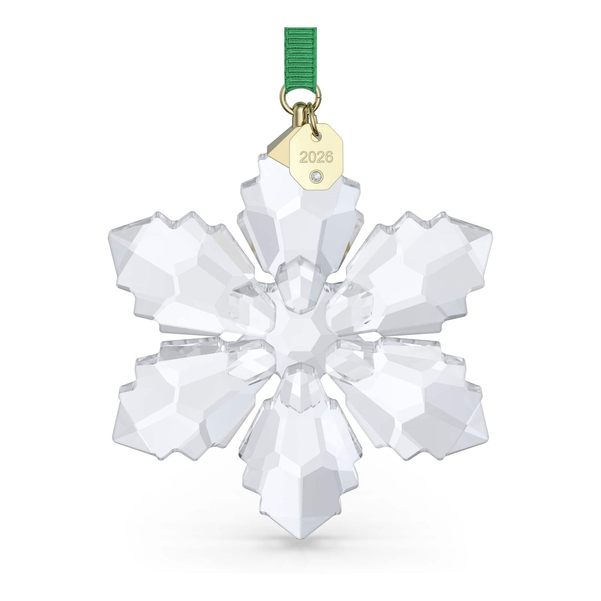Swarovski Annual Edition Ornament 2026 geometric snowflake on green ribbon adds festive sparkle.
