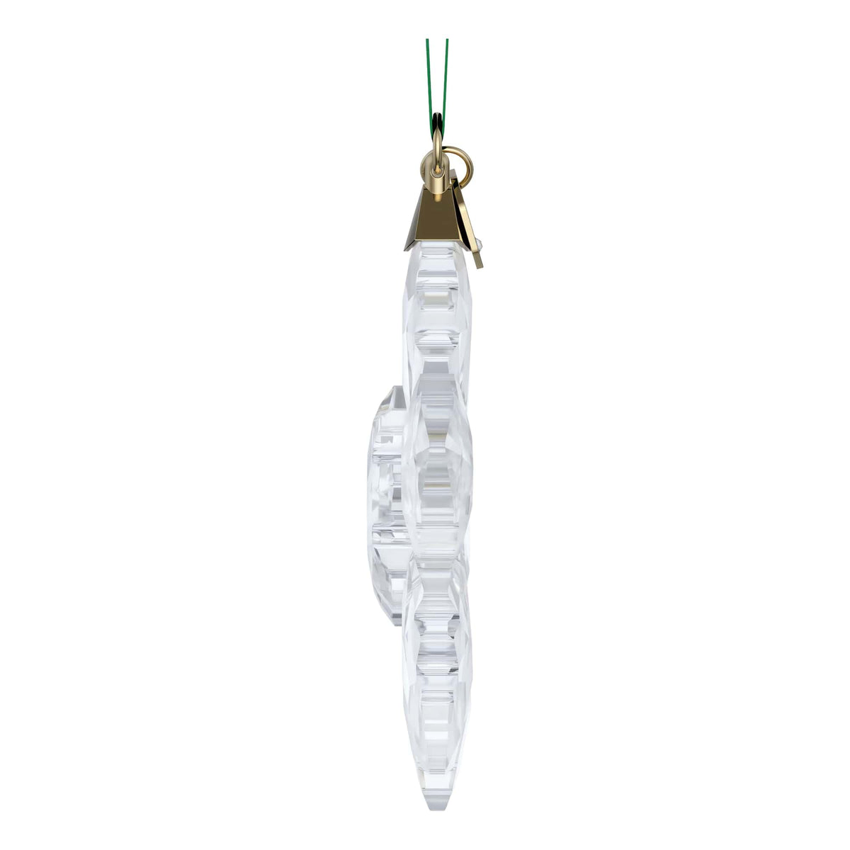 Swarovski snowflake pendant hangs from a green grosgrain ribbon.