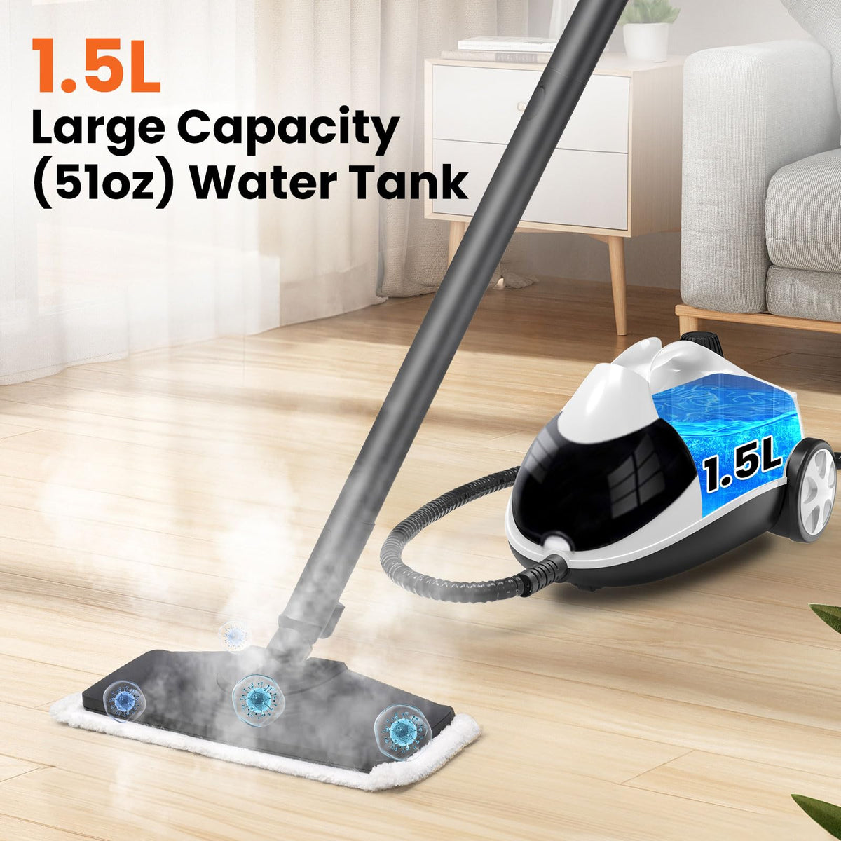Sweepcent Steam Cleaner powerfully refreshes floors with heat and steam.