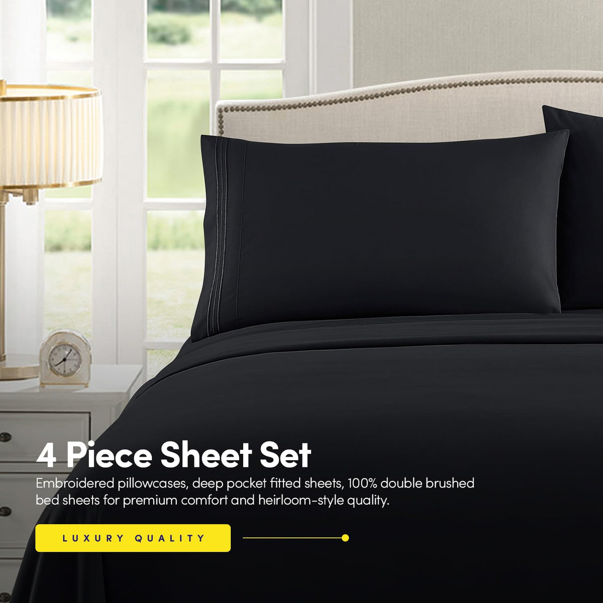 Sweet Home Collection deep-pocket fitted sheet up to 16 inches for secure mattress fit.