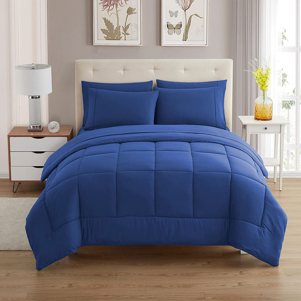 Sweet Home Collection 5-piece royal blue comforter set on bed with all-season warmth