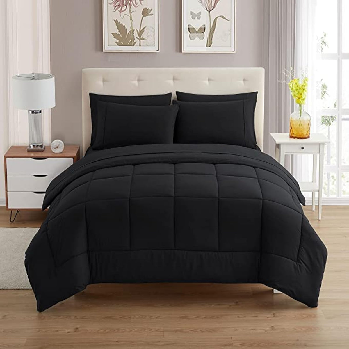 Sweet Home Collection 7-piece comforter set in black on a neatly made queen bed, stylish and cozy.
