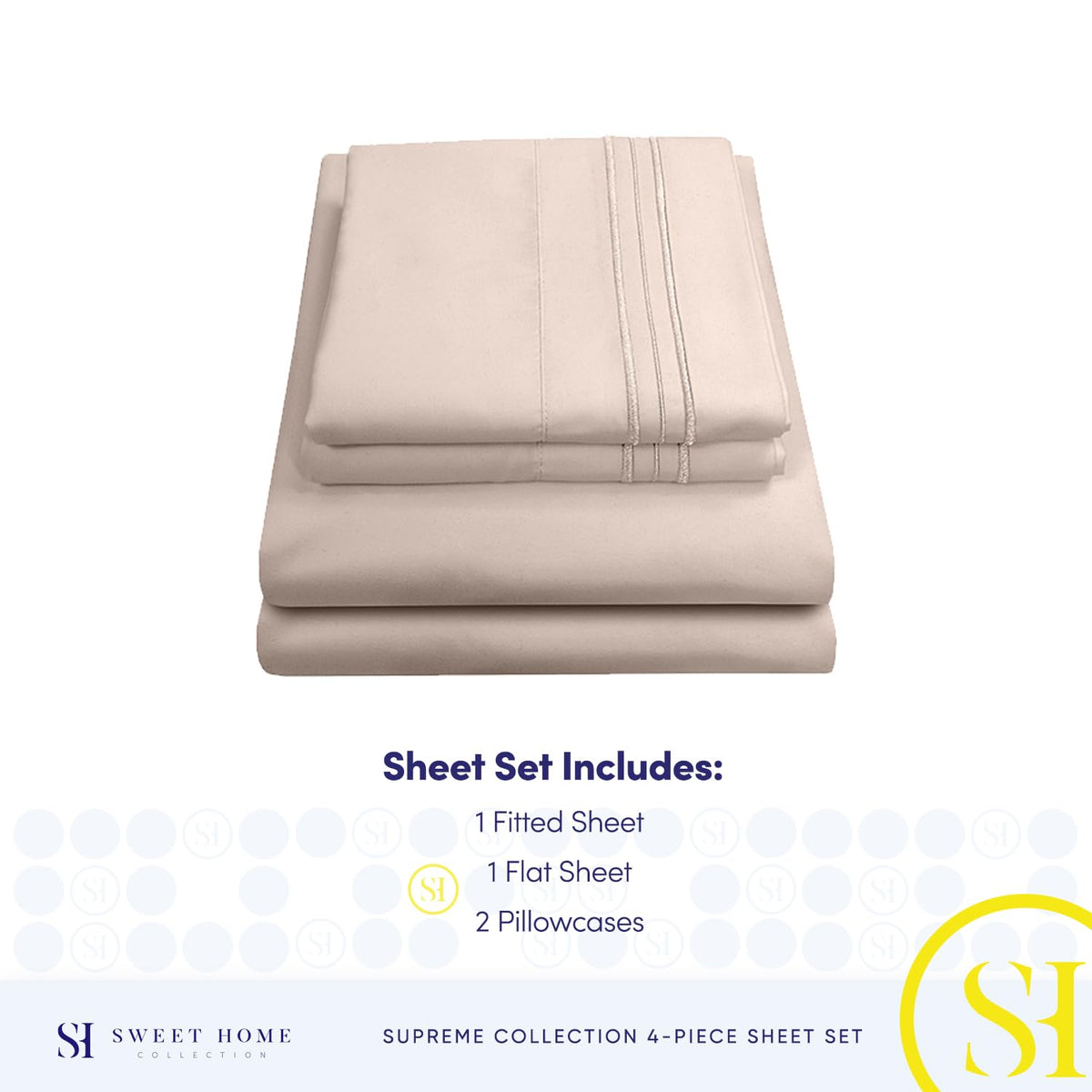 Beige sheets from Sweet Home Collection add calming, versatile bedroom styling.