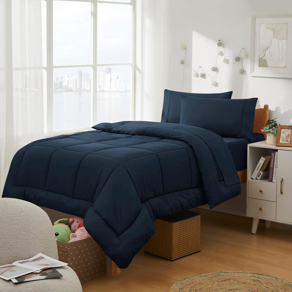 Sweet Home Collection dorm bed in a bag navy blue setup for Twin XL dorm beds