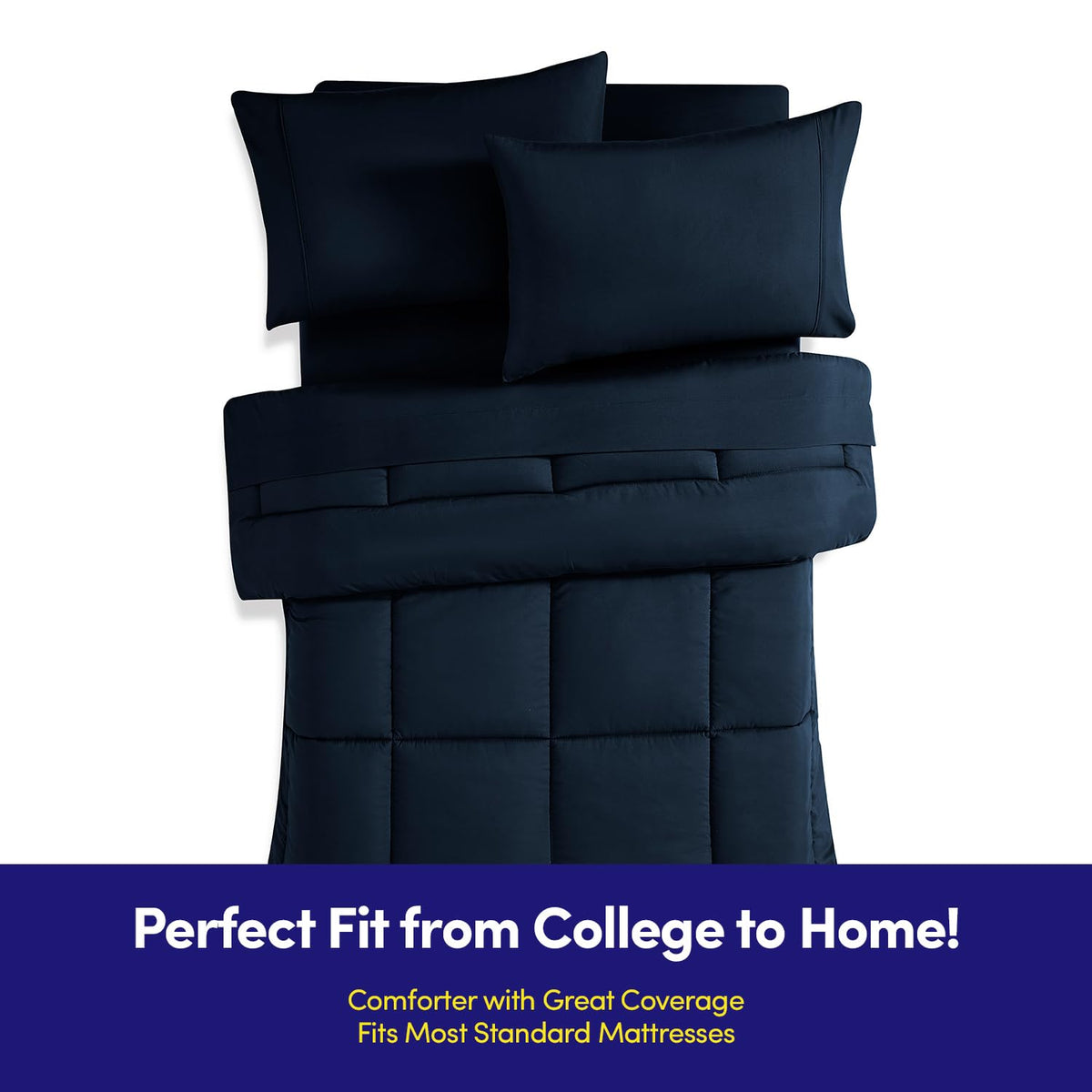 Sweet Home Collection comforter closeup in navy blue for warm, cozy dorm nights