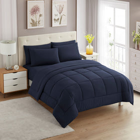 Sweet Home Collection full-size comforter set in navy blue on bed for all-season coziness