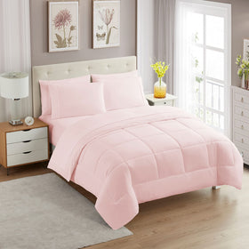 Sweet Home Collection pale pink 5-piece comforter set displayed on a bed for all-season styling