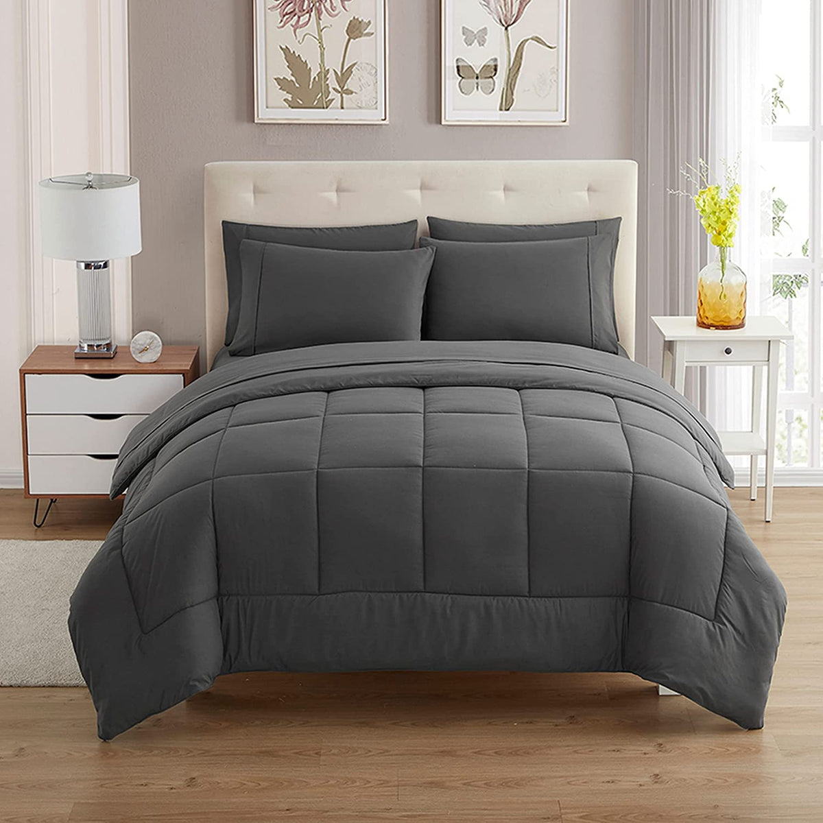 Sweet Home Collection queen 7-piece bedding set on bed, all-season comfort.