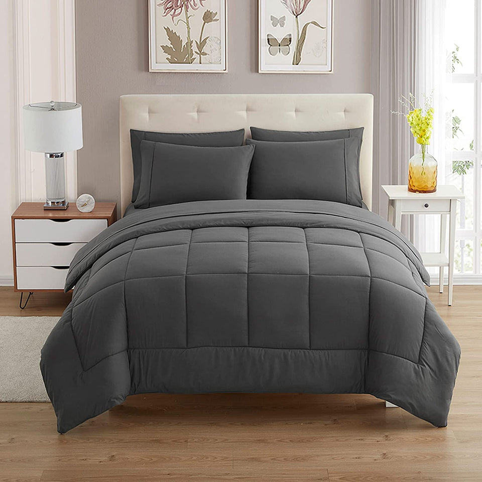 Sweet Home Collection queen 7-piece bedding set on bed, all-season comfort.