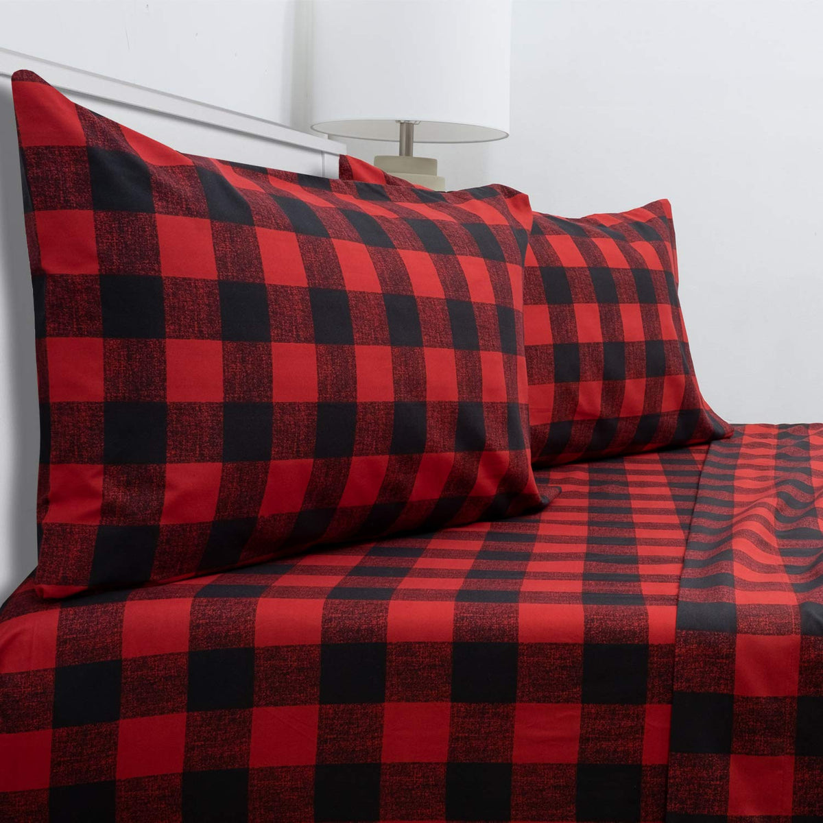 Sweet Home Collection queen burgundy buffalo check flat sheet on a cozy bed.