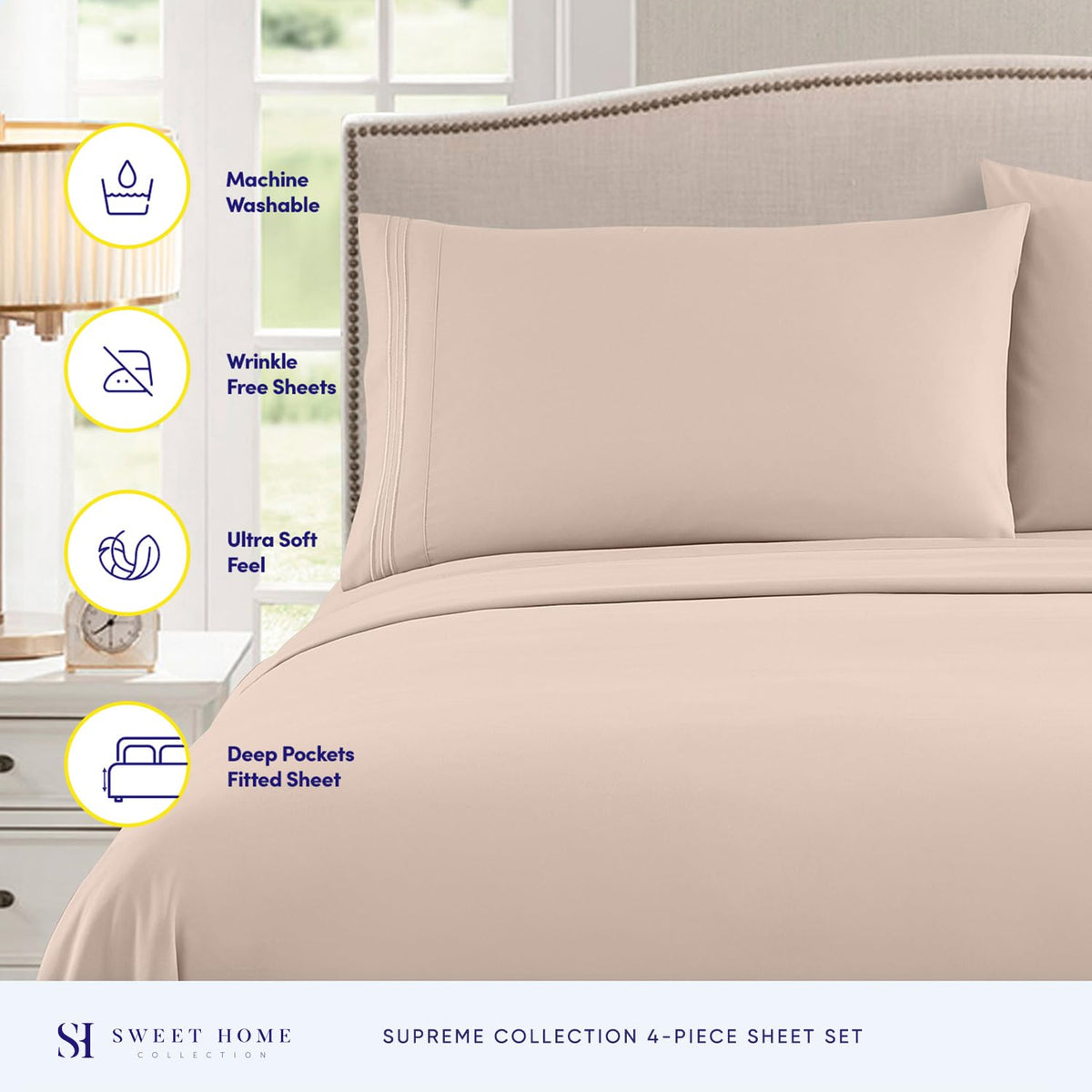Sweet Home Collection queen sheets flat lay illustrating full bed-ready set.