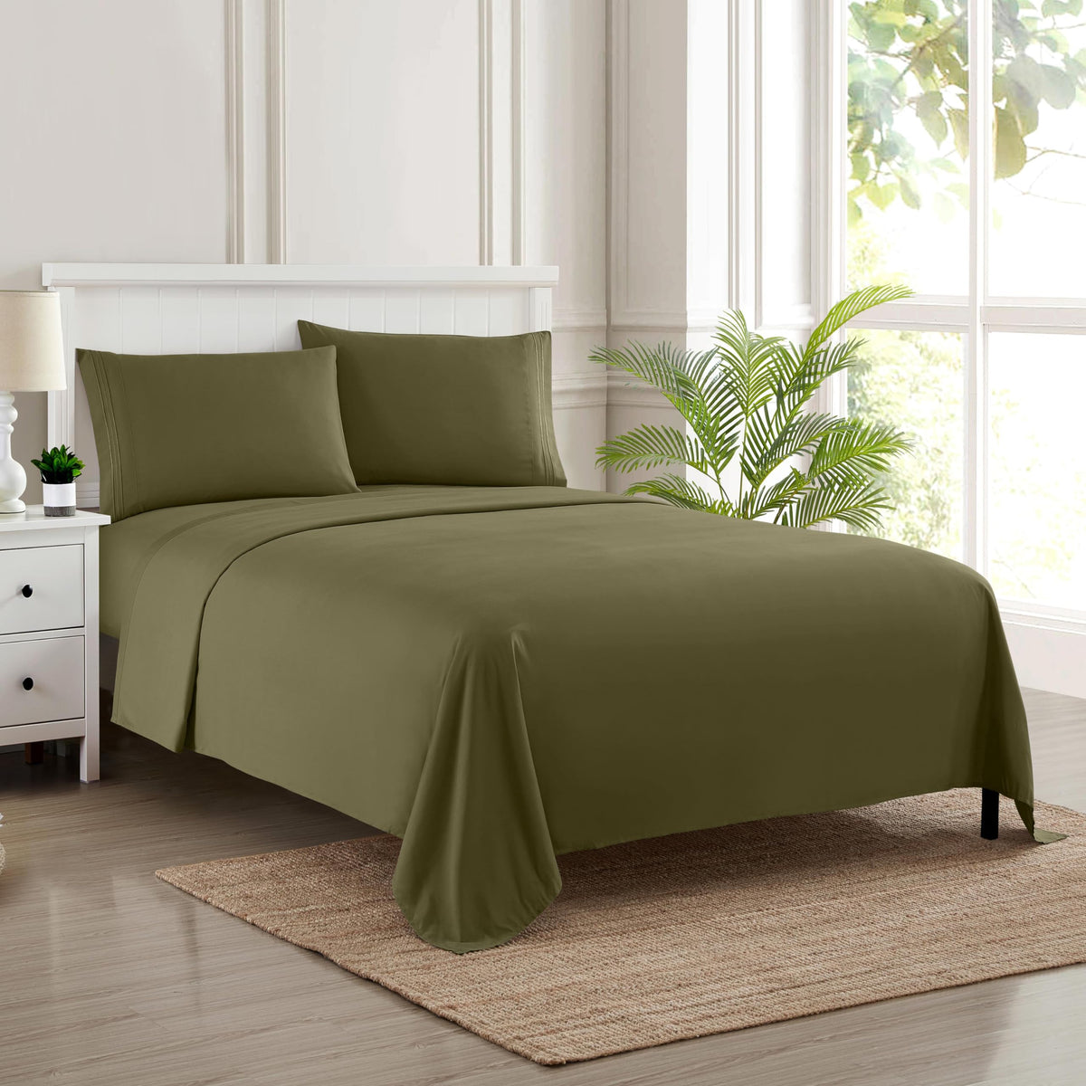 Sweet Home Collection queen olive sheets flat lay for breathable comfort.