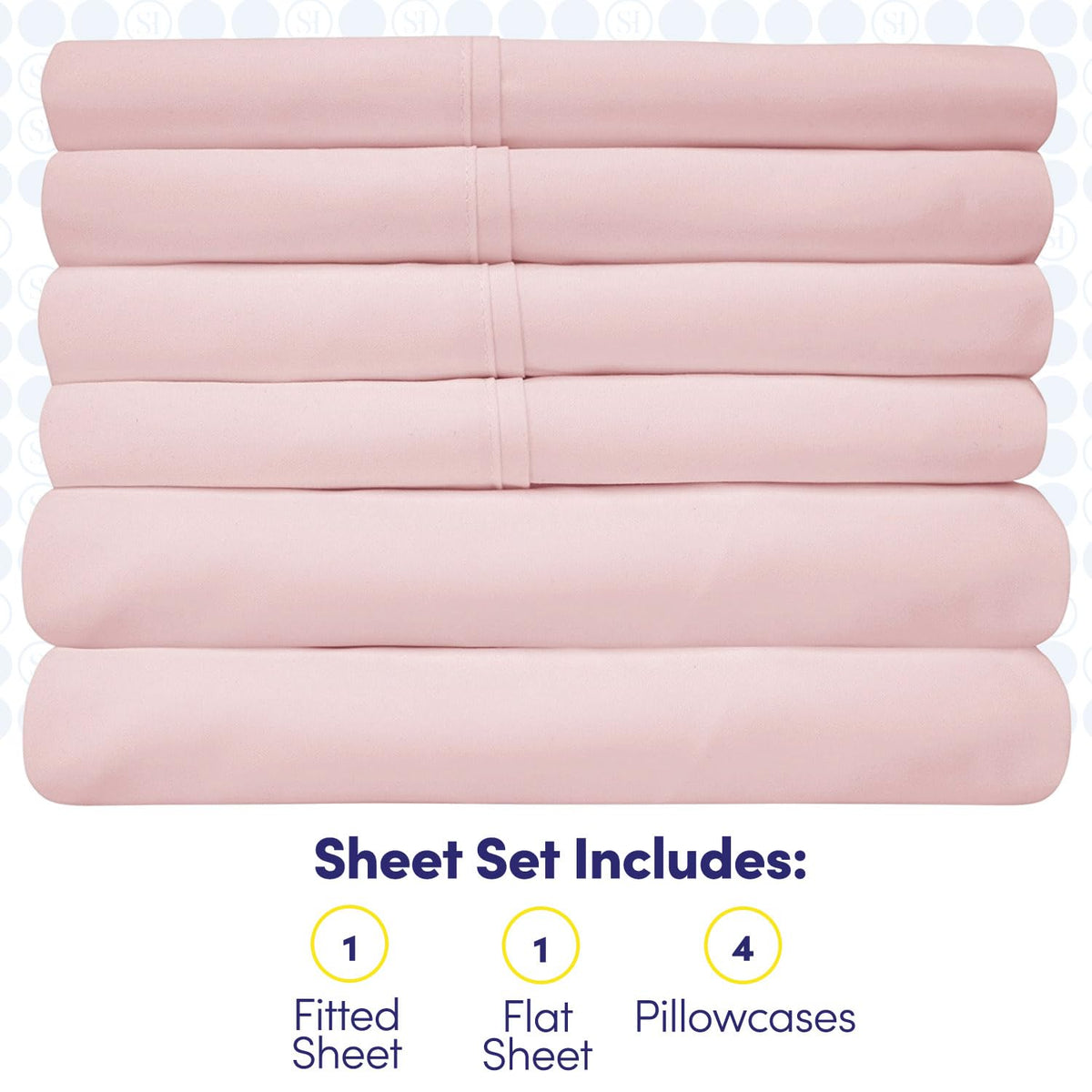 Sweet Home Collection queen sheets pale pink bed with four pillowcases.